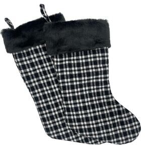 Christmas Stockings x2 Flannel Plaid Black and White Check Faux Fur Trim Holiday